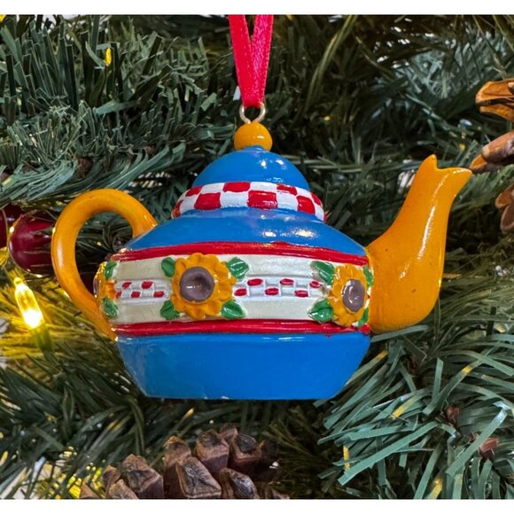 Mary Engelbreit Miniature Teapot Ornament Blue Yellow Sunflowers Flowers Christm - Picture 5 of 16